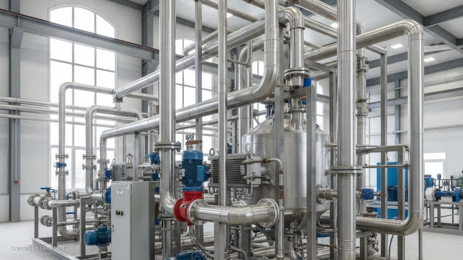 A clean, brightly lit industrial facility showcases a dense network of stainless steel pipes, large tanks, blue and red pumps, and a control panel, with natural light entering through large arched and rectangular windows.