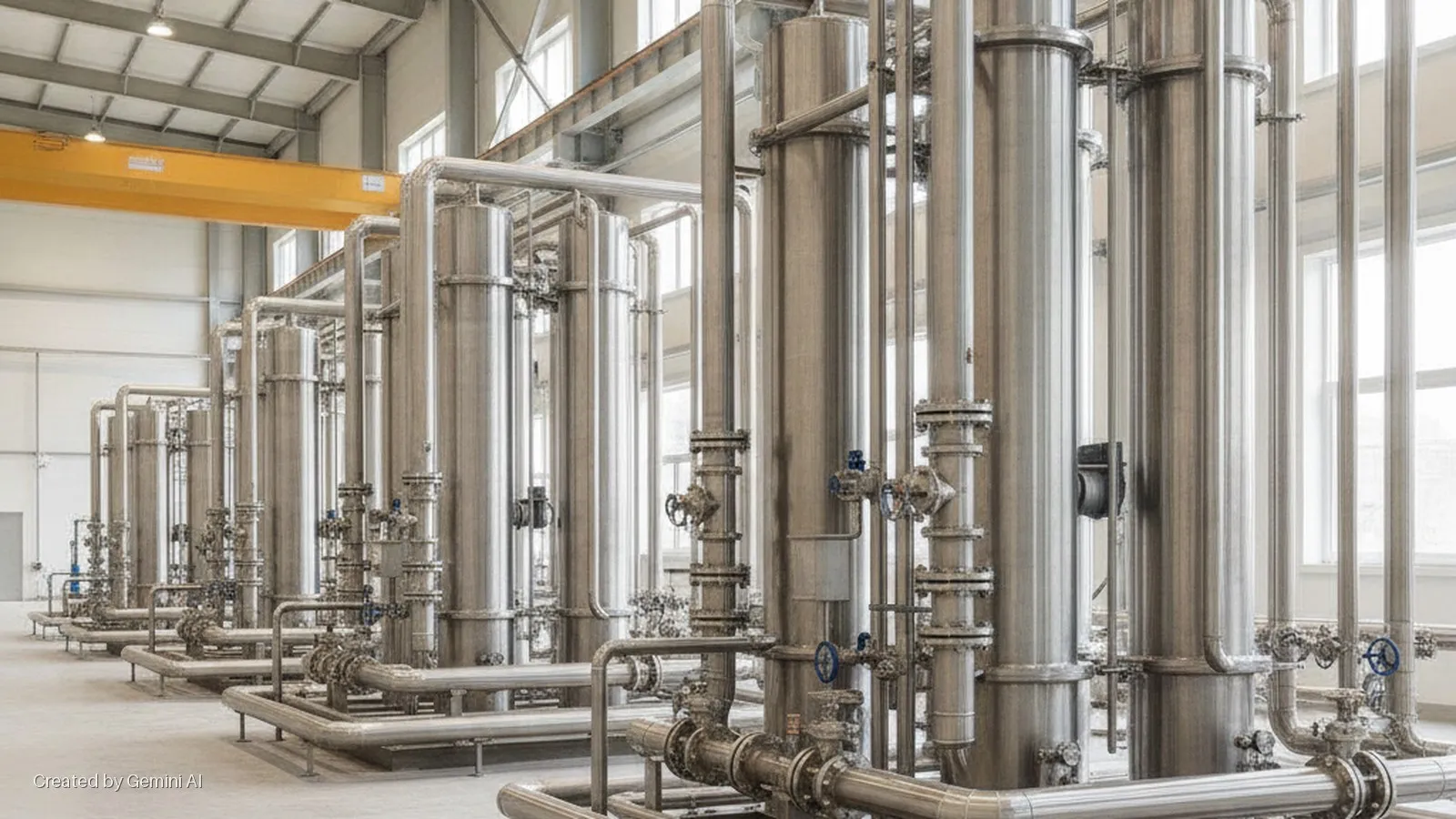 Rows of stainless steel industrial tanks and pipes in a brightly lit factory, with a yellow overhead gantry crane.
