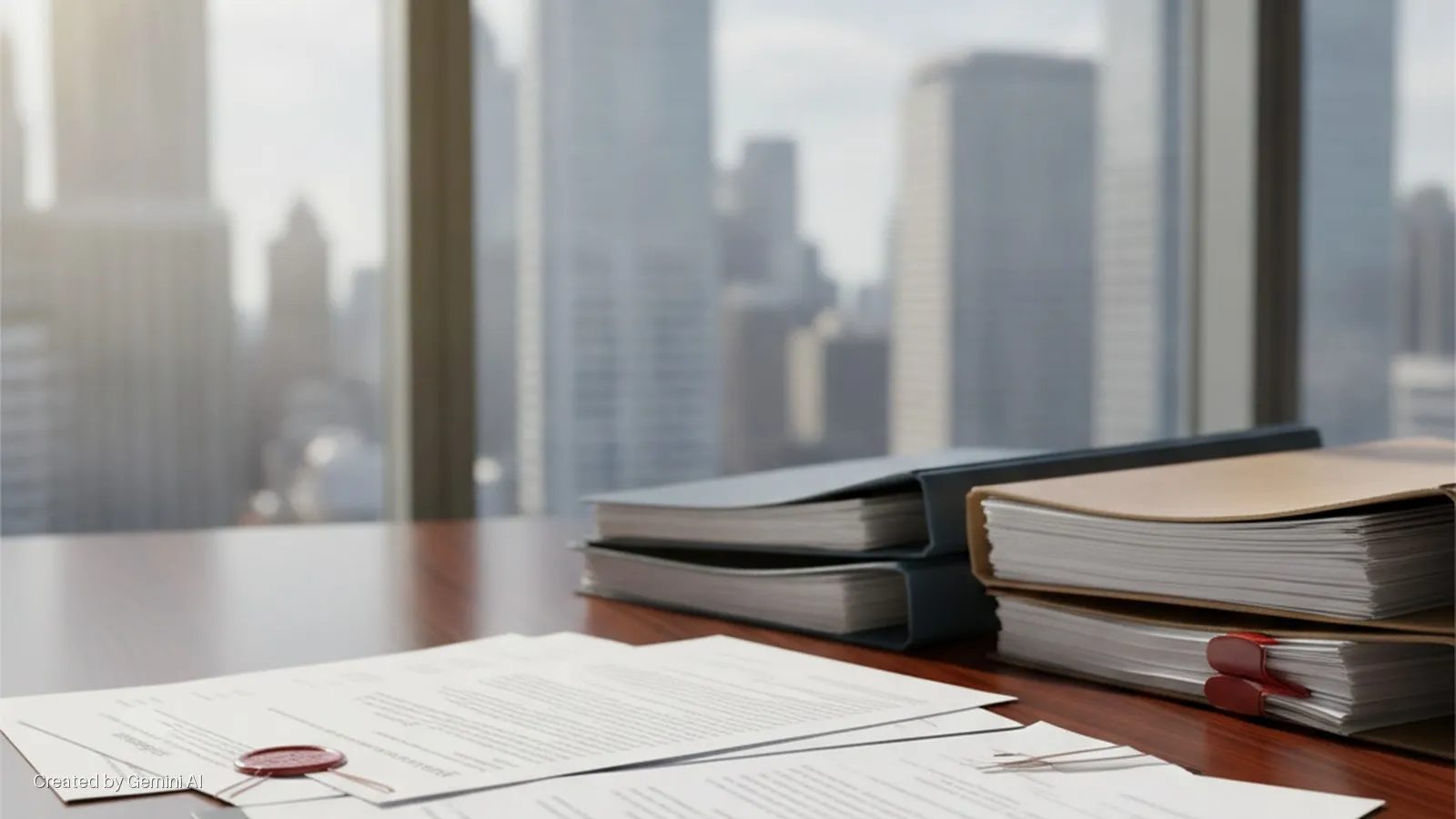 White documents with a red wax seal and paper clips lie on a wooden desk beside stacked binders, set against a backdrop of blurred city buildings seen through a window bathed in natural daylight.