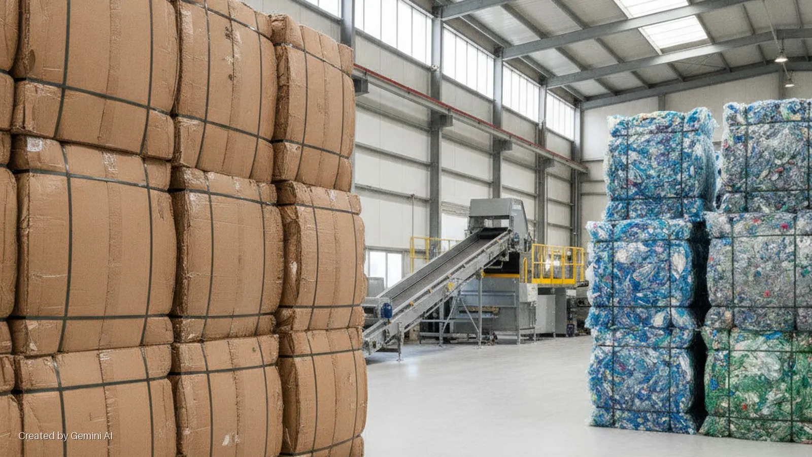 Bales of cardboard are stacked on the left, and bales of blue and green recycled plastic on the right, in a brightly lit industrial recycling facility featuring a conveyor belt system.