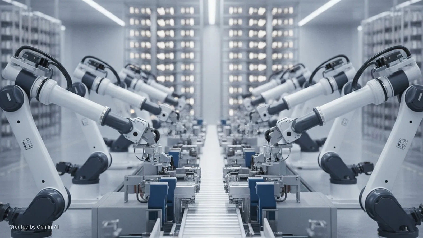 White and dark grey industrial robotic arms work on a conveyor belt in a brightly lit automated factory with distant storage shelves.