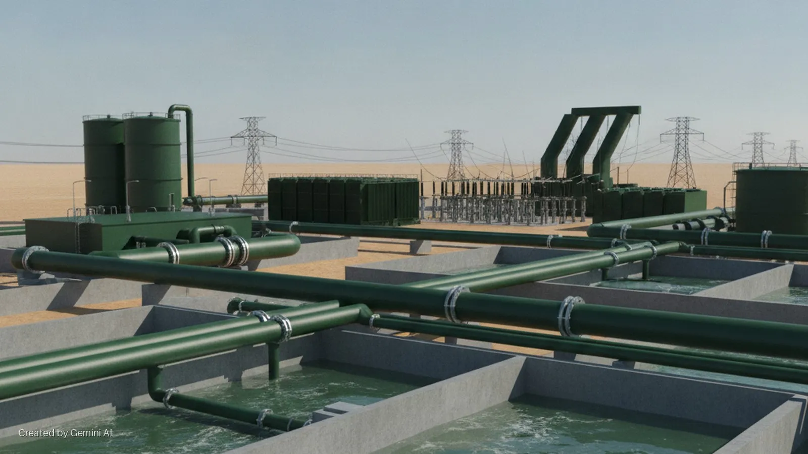 A desert industrial facility features green pipes, storage tanks, an electrical substation, and concrete wastewater treatment basins under a clear, bright sky.