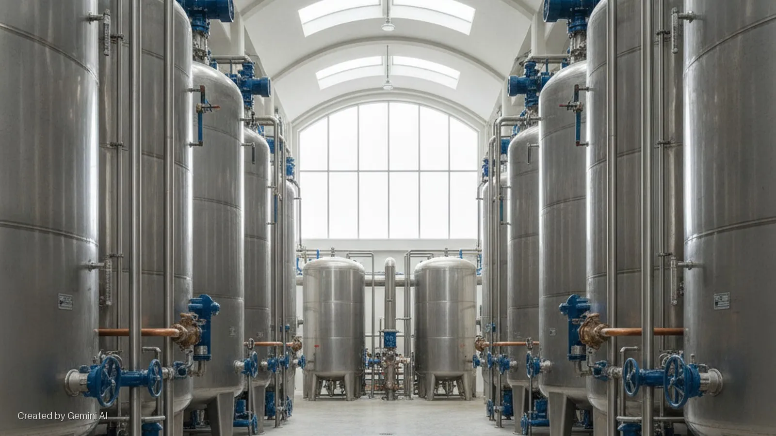 Bright industrial hall filled with parallel rows of large, stainless steel tanks with blue valves and pipes, illuminated by a large arched window and overhead skylights.