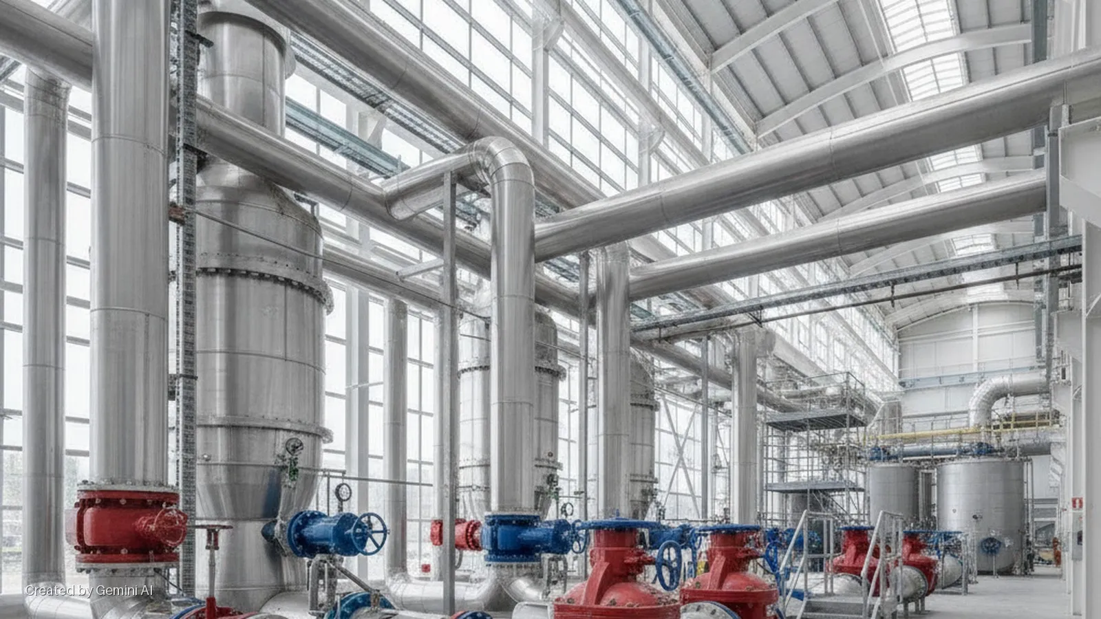 A brightly lit industrial facility interior features large silver pipes, prominent red and blue valves, and storage tanks, with extensive windows providing natural light.