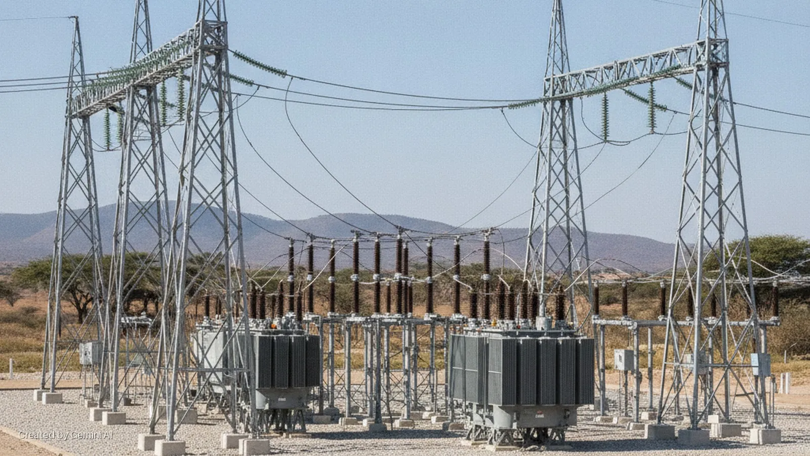 An electrical substation features multiple metal transmission towers, large grey transformers, and overhead power lines on a gravel ground, situated in a dry, open landscape with distant mountains under a clear, sunny sky.
