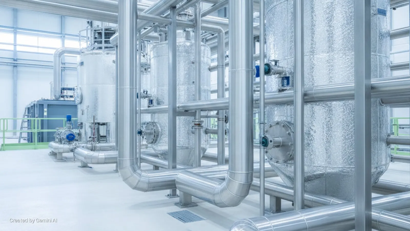 Extensive metal piping, pumps, and valves connect several large, silver-insulated cylindrical tanks inside a brightly lit industrial facility.