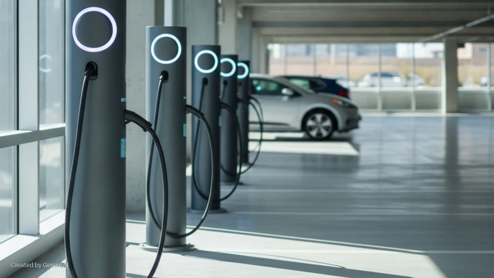 A row of electric vehicle charging stations with glowing white rings and connected cables stands in a bright parking garage next to large windows, with a silver car parked in the background.