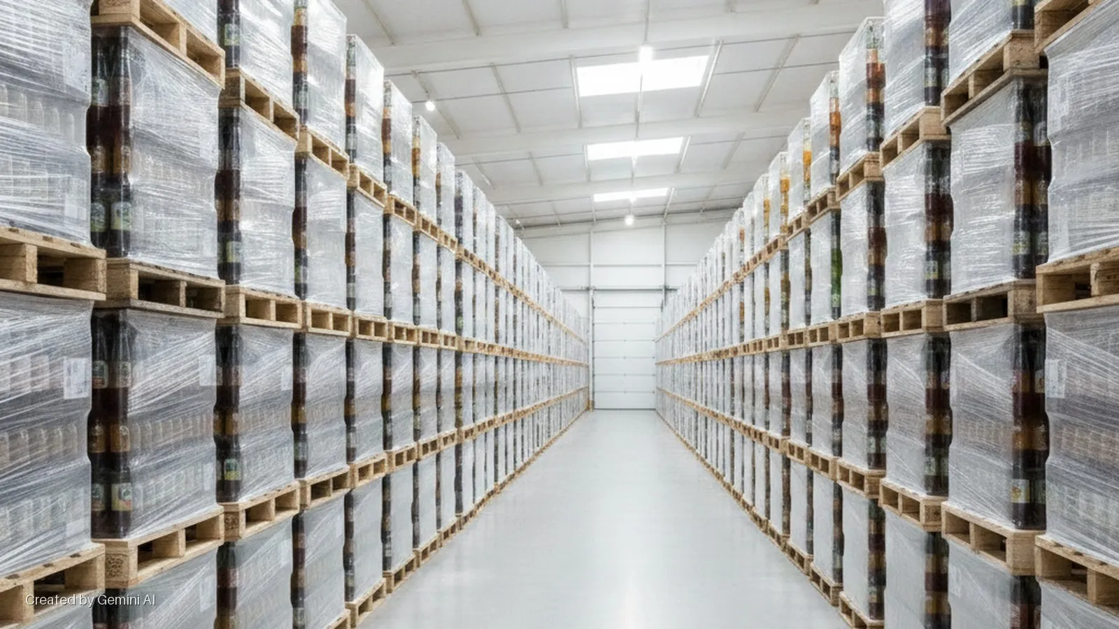 A brightly lit warehouse aisle features tall stacks of plastic-wrapped bottles on wooden pallets lining both sides, illuminated by overhead lights and skylights.