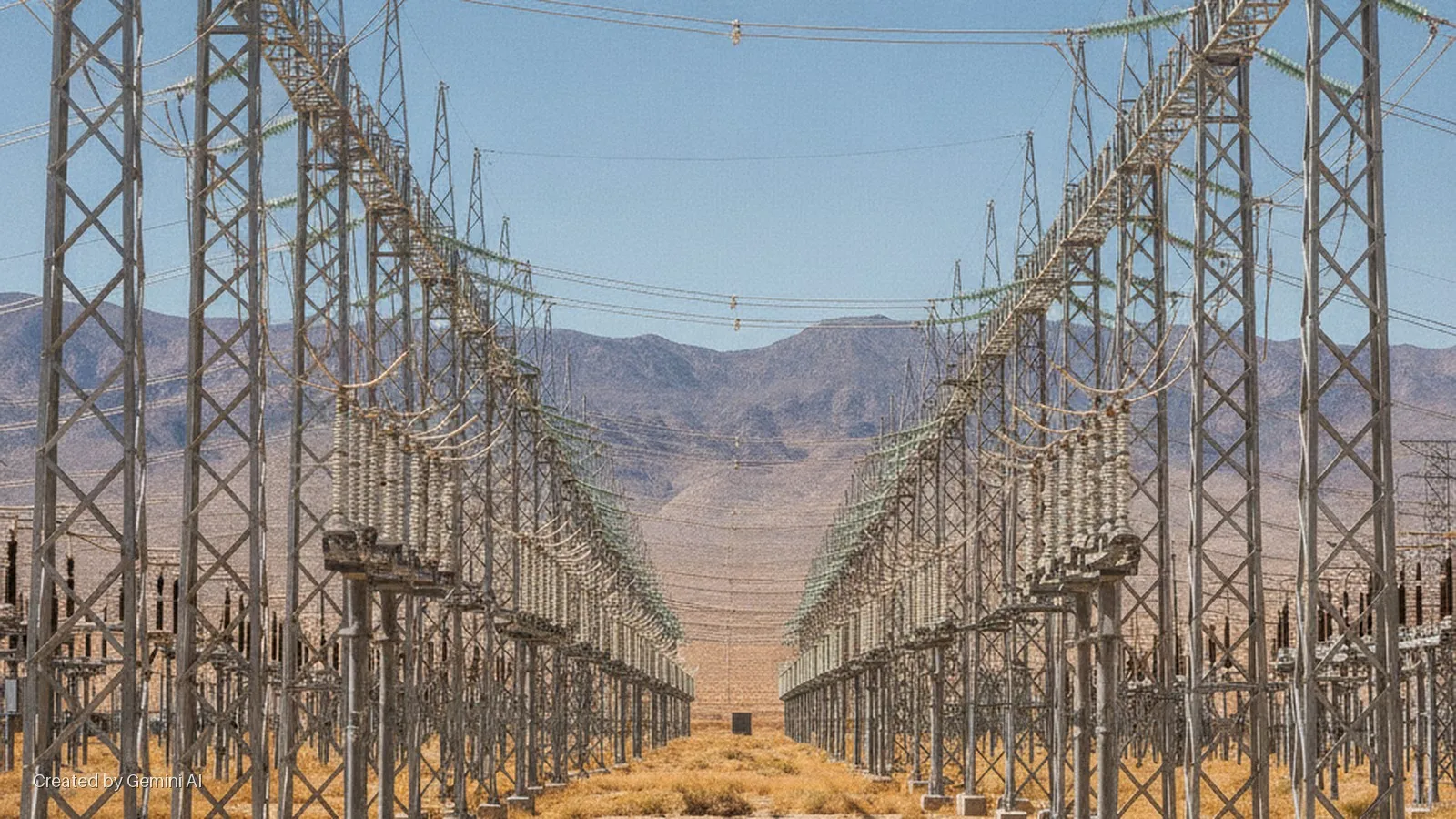Rows of tall metal transmission towers and power lines stretch into the distance across a dry desert landscape towards distant mountains under a bright blue sky.