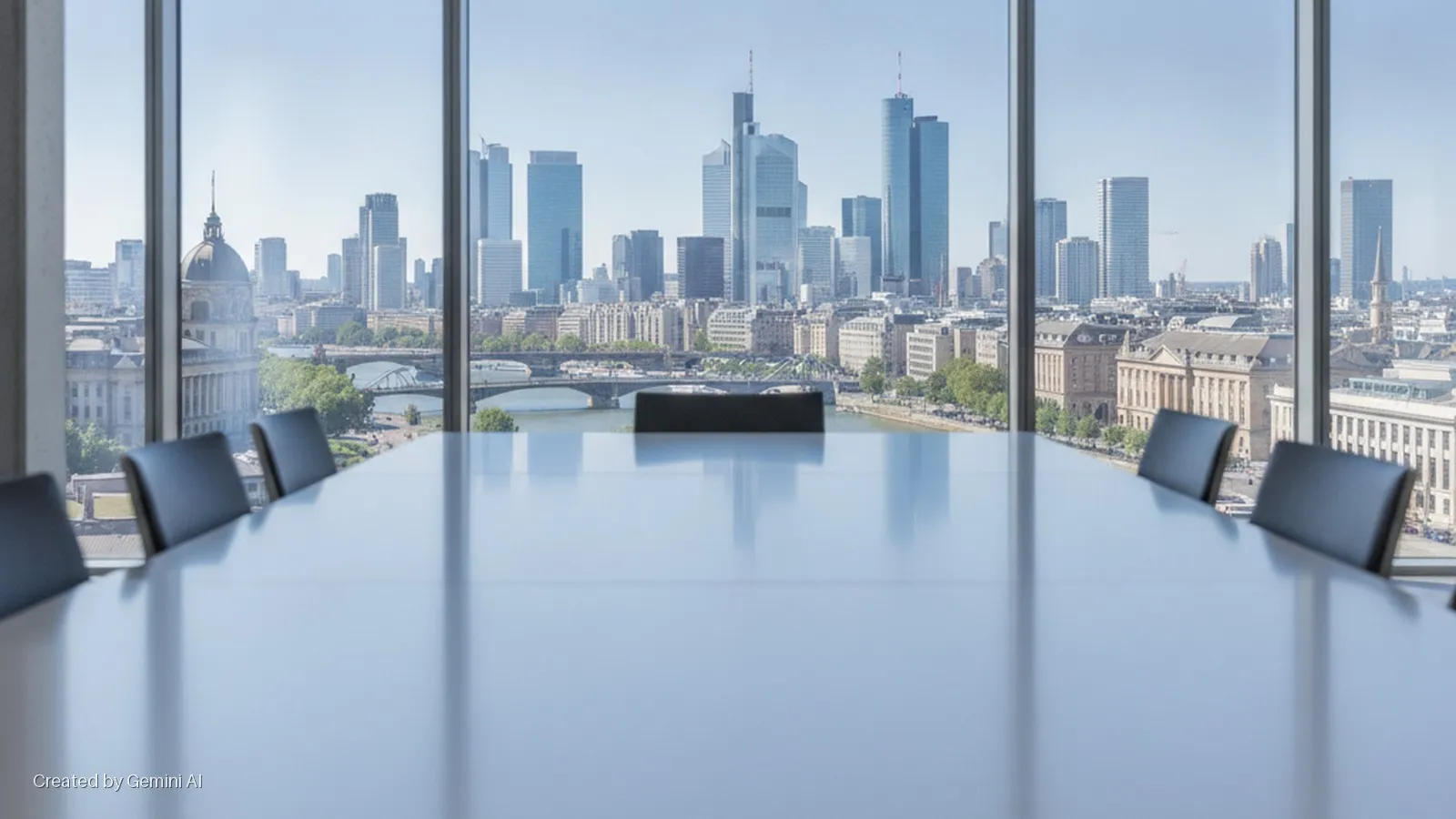 A sunlit conference room with a reflective table and chairs overlooks the Frankfurt skyline, featuring the Main River, bridges, and prominent skyscrapers.