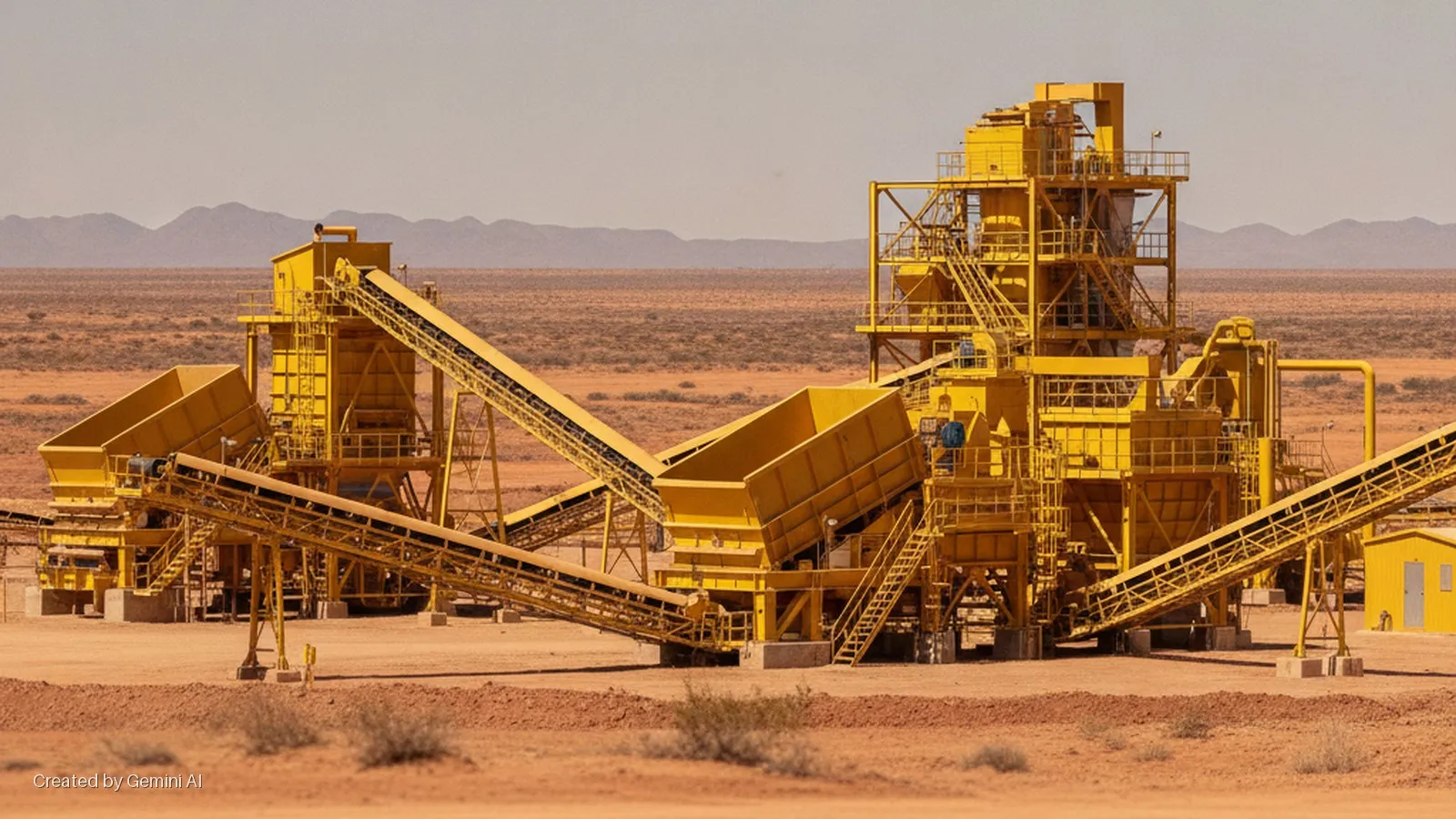 Large yellow mining equipment with numerous conveyor belts and structures stands on reddish-brown desert ground under bright daylight, with distant mountains on the horizon.