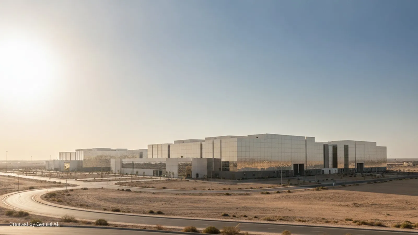 A sprawling complex of modern, reflective buildings with golden reflections stands in a vast desert landscape with winding roads under a bright, clear sky.