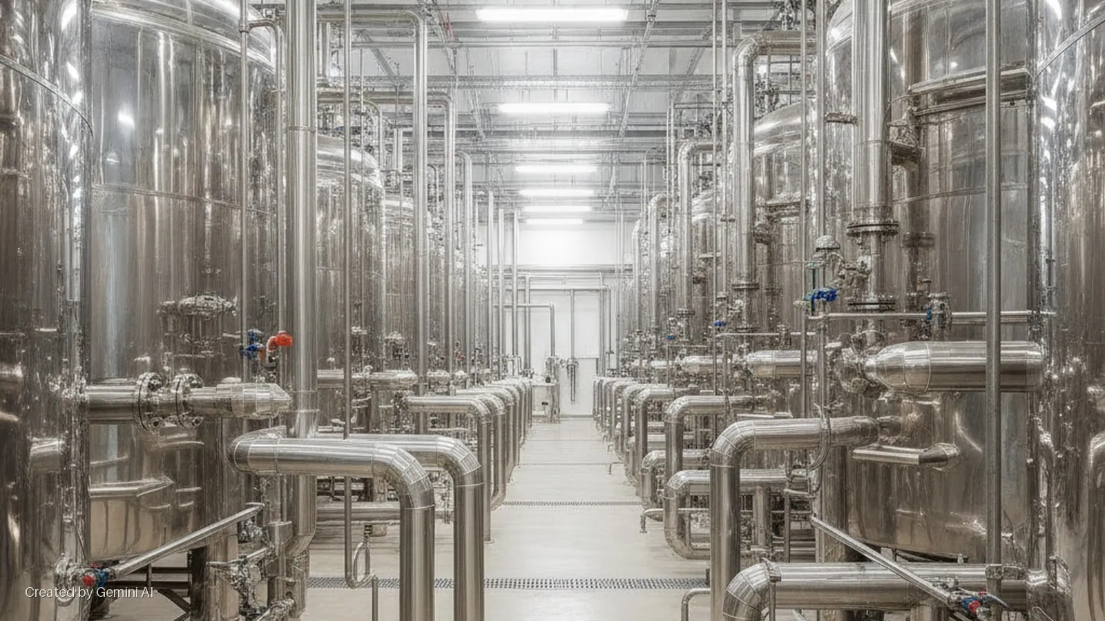 A brightly lit industrial processing plant features a long central aisle between rows of large, reflective stainless steel tanks and extensive networks of interconnected pipes and valves, illuminated by overhead fluorescent lights.