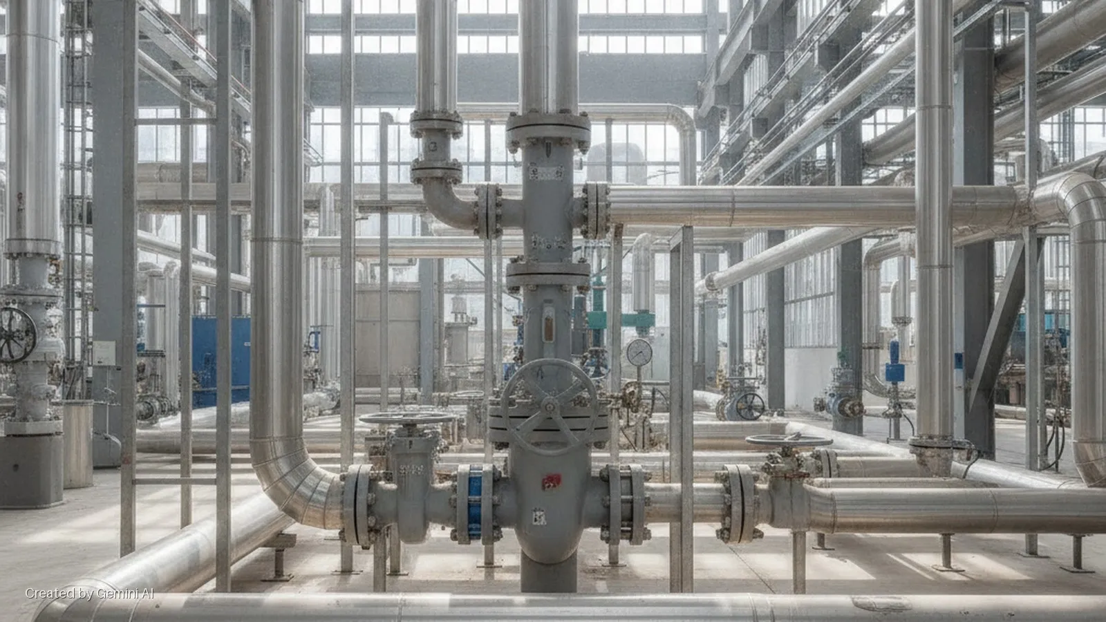 A brightly lit industrial plant interior features an intricate network of silver pipes, large gray valves with handwheels, and pressure gauges, illuminated by natural light entering through extensive windows.