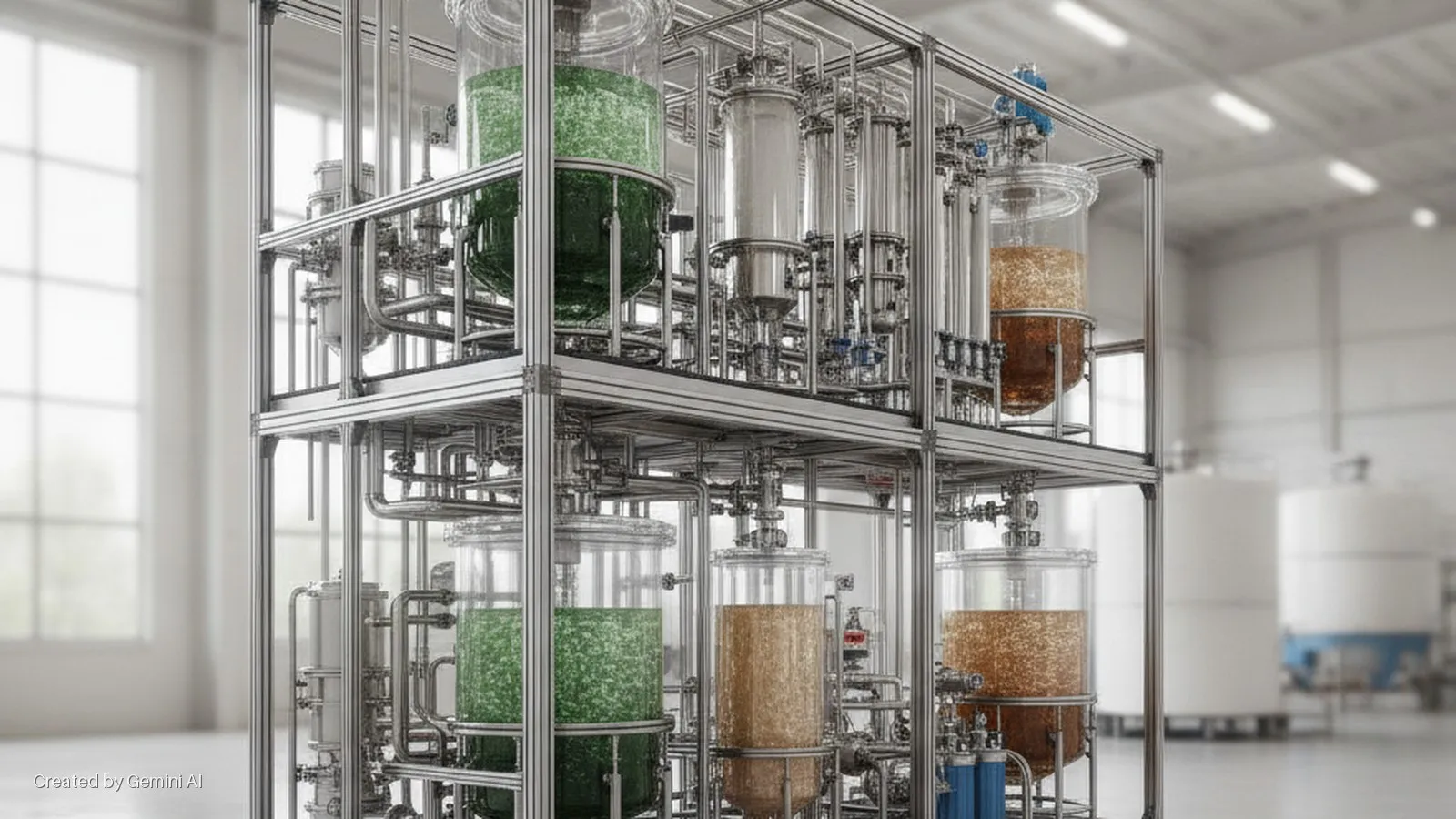 A multi-level modular industrial system featuring clear tanks with green and brown particulate liquids, extensive silver piping, and a metal frame, set in a brightly lit industrial facility.