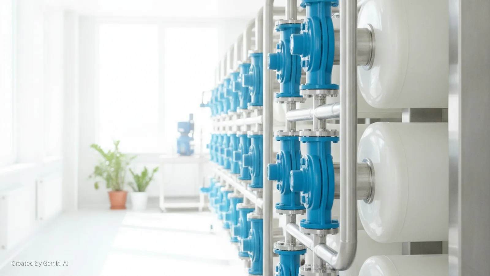 A bright industrial room contains rows of blue pumps, silver piping, and white cylindrical tanks on the right, with sunlit windows and potted plants visible in the background.