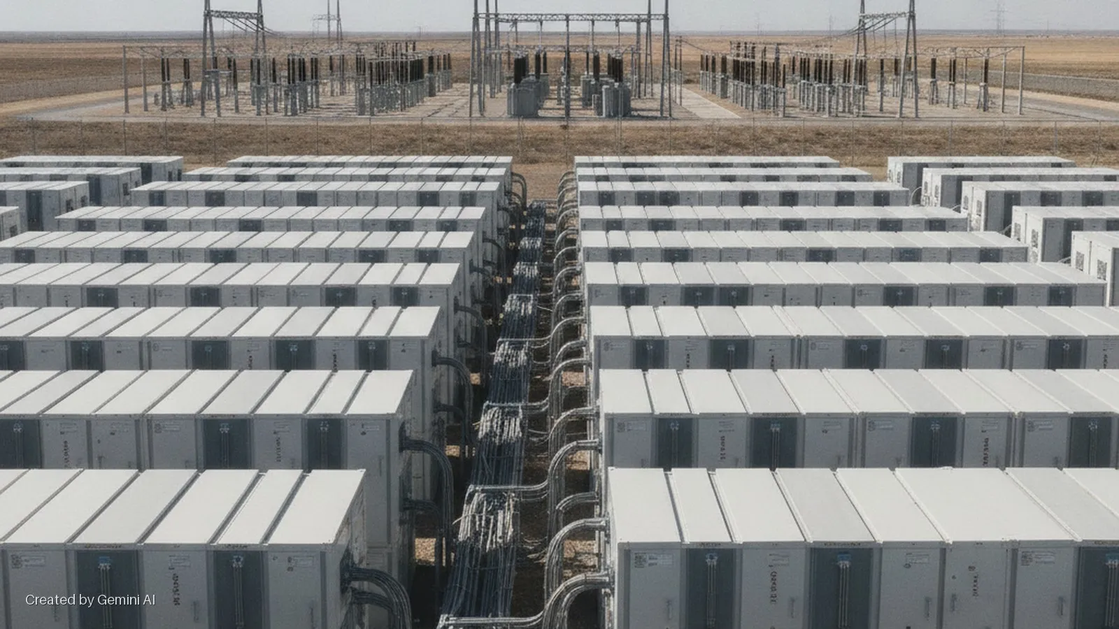 Rows of white containerized battery storage units with extensive cabling connect to an electrical substation in a vast, dry landscape under bright daylight.