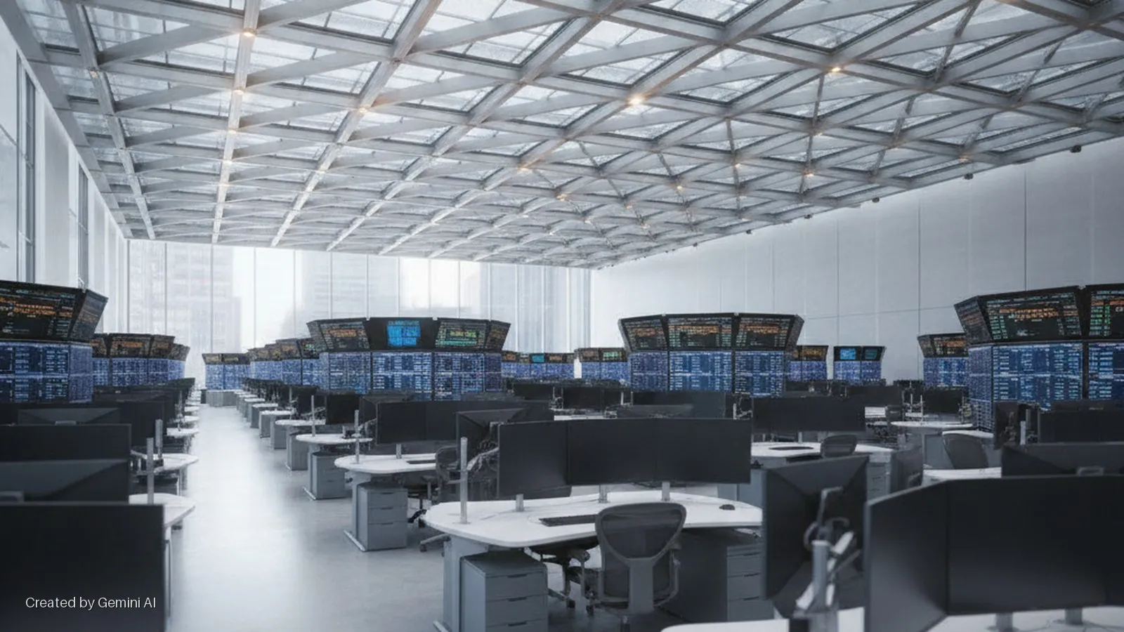 An empty modern trading floor features rows of desks with multiple black monitors, chairs, and filing cabinets, under a prominent glass and metal grid ceiling, brightly lit by natural light and recessed fixtures.