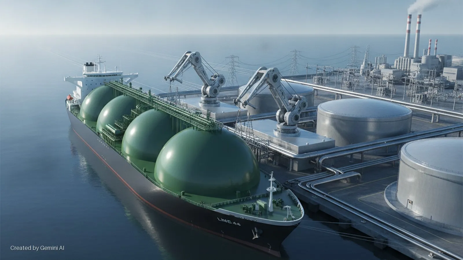 An LNG carrier ship with green spherical tanks is docked at a waterfront industrial terminal, connecting to robotic loading arms and grey storage tanks via pipelines, with a power plant and electricity infrastructure visible in the backgrou