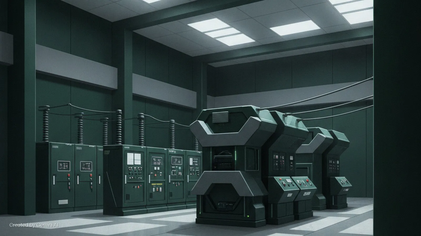 A dark green industrial room features rows of electrical cabinets topped with insulators and wiring on the left, and large, blocky machinery with control panels on the right, illuminated by bright overhead lights creating stark shadows on t