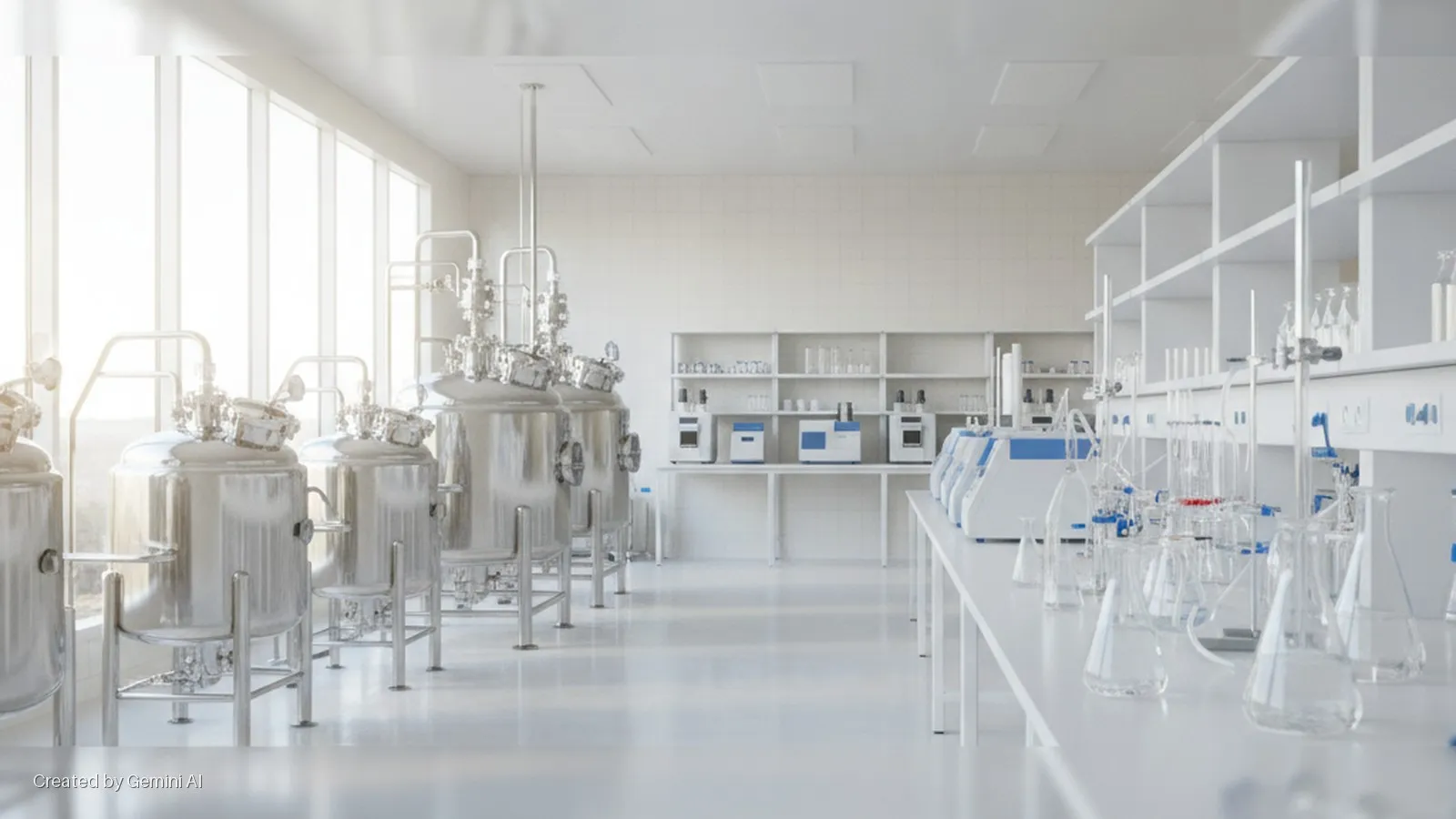 A bright, modern laboratory features large stainless steel bioreactors on the left and a long table filled with clear laboratory glassware and equipment on the right, illuminated by natural light from large windows.