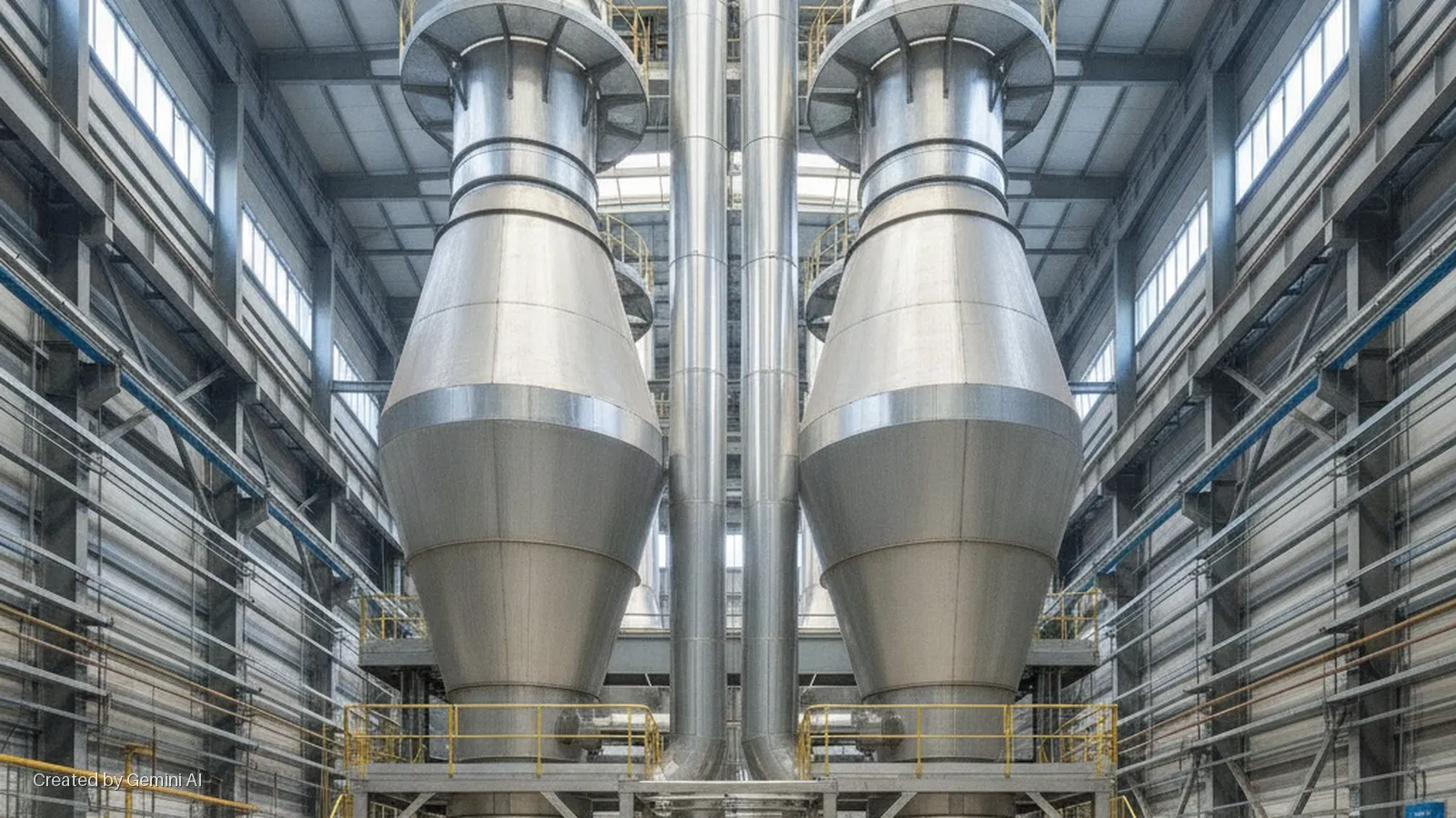 Two large, conical silver industrial vessels with connecting pipes stand inside a brightly lit facility featuring extensive metal structural elements and rows of windows.