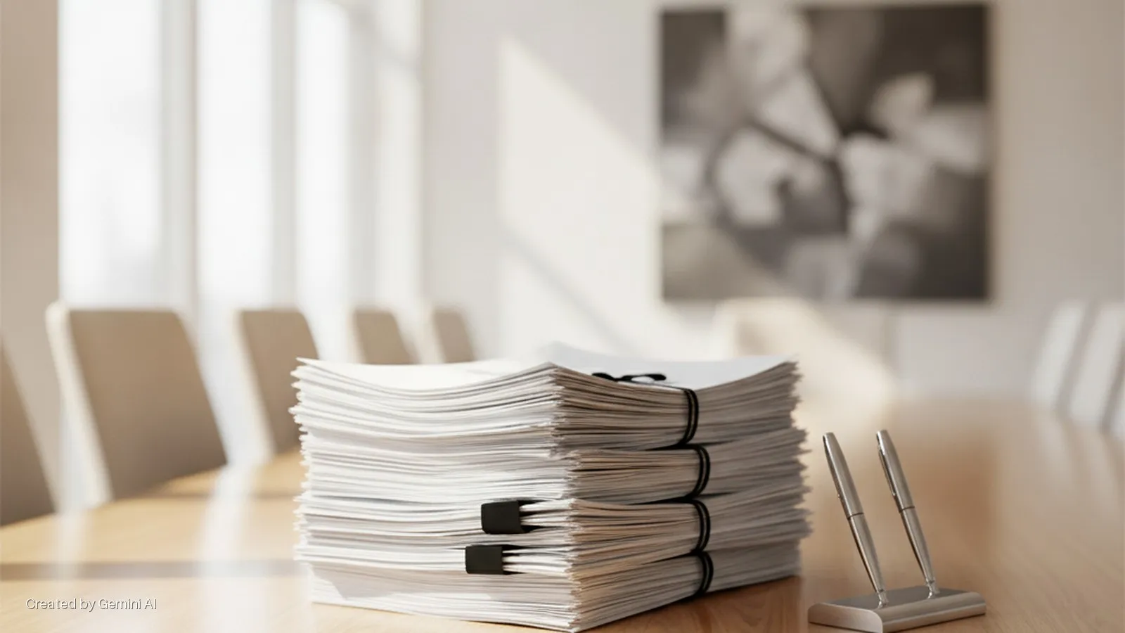 A tall stack of documents secured with black binder clips and a silver pen holder with two pens are on a polished wooden conference table in a brightly lit meeting room, with chairs and framed art in the background.