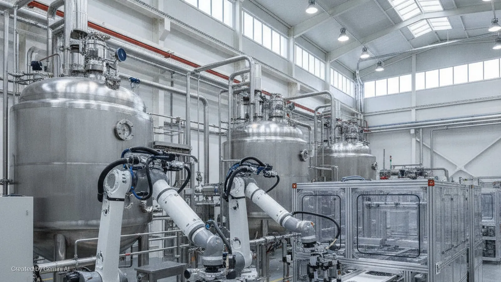 A brightly lit industrial facility features multiple large stainless steel processing tanks, intricate metal piping, two robotic arms, and glass-enclosed equipment, illuminated by overhead lights and windows.