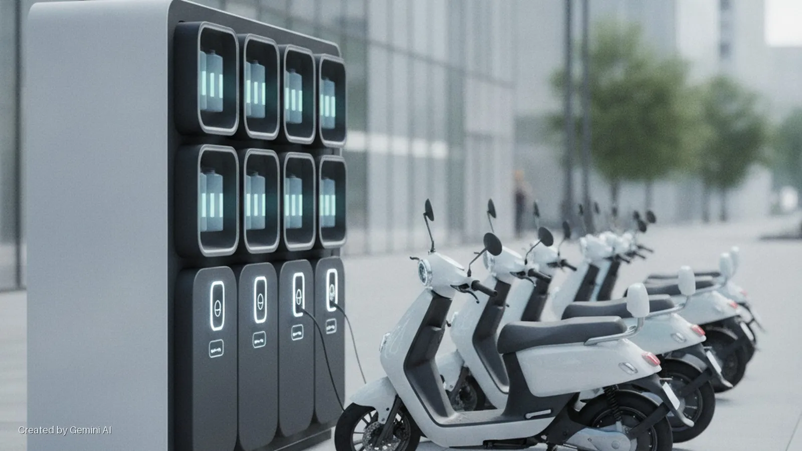A modular battery swap station displaying illuminated fully charged batteries and active charging ports stands next to a row of white electric scooters on an urban street in bright daylight.
