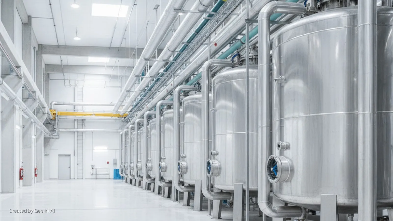 A brightly lit, spacious industrial processing plant with a long row of large, gleaming stainless steel tanks, extensive overhead metal piping, and a yellow gantry crane against white walls and a reflective white floor.