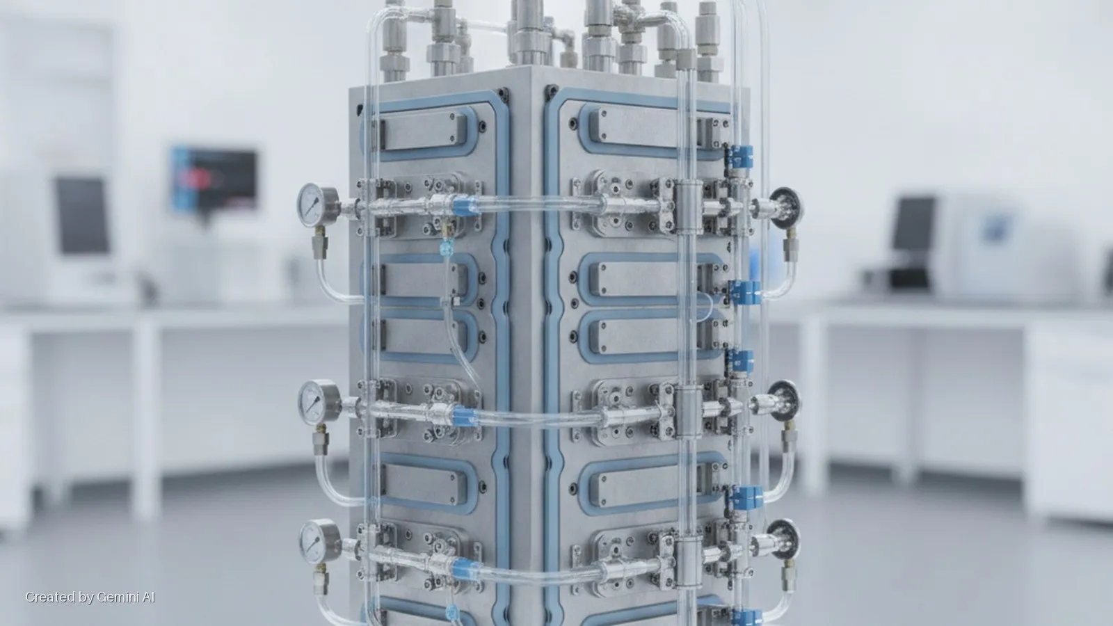 A complex, modular laboratory system featuring transparent tubing, pressure gauges, and blue-capped valves is positioned in a brightly lit, sterile lab.