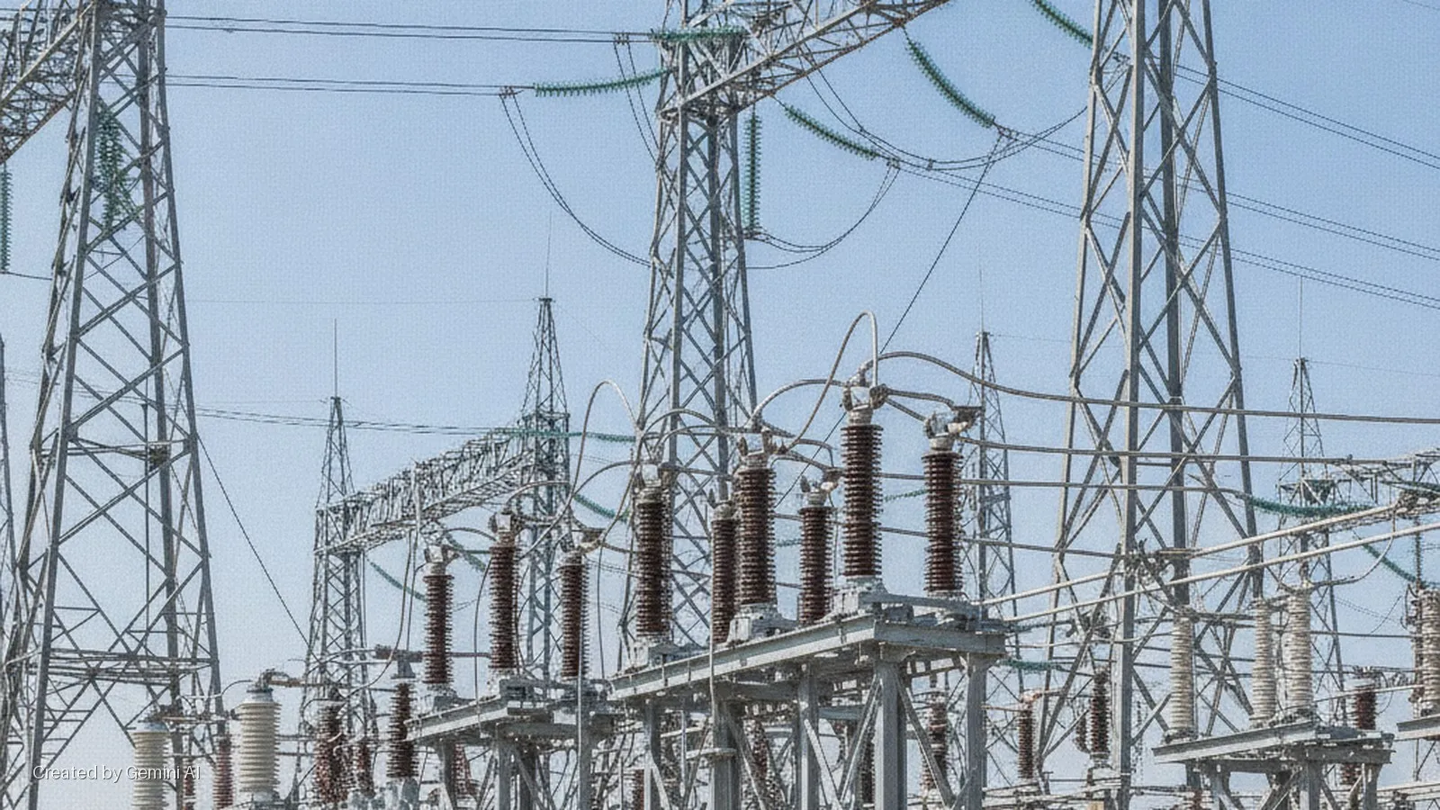 An outdoor electrical substation features numerous metal transmission towers, power lines, and insulated equipment against a bright, clear blue sky.