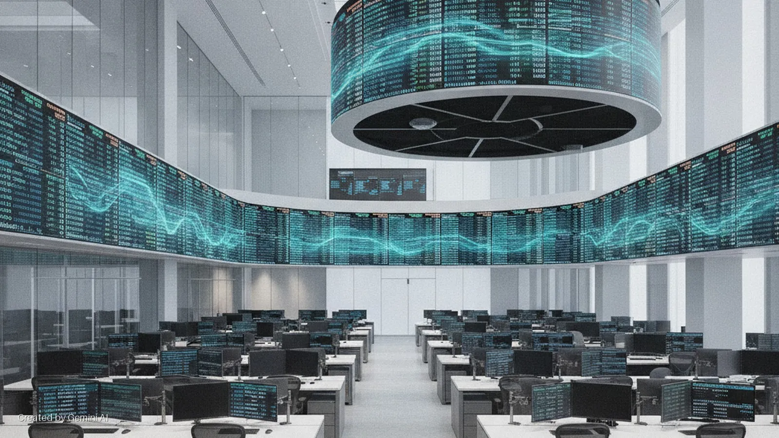 A bright, modern trading floor with rows of computer desks and chairs beneath large curved digital display screens showing data, complemented by a prominent circular screen hanging from the ceiling.