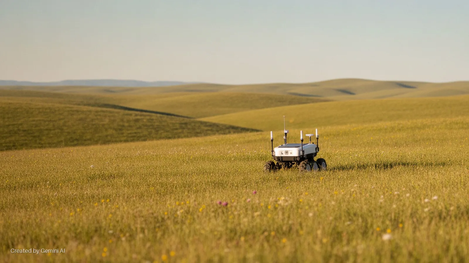 A white and black robotic rover stands in a field of tall golden-green grass, with sunlit rolling hills stretching into the background.