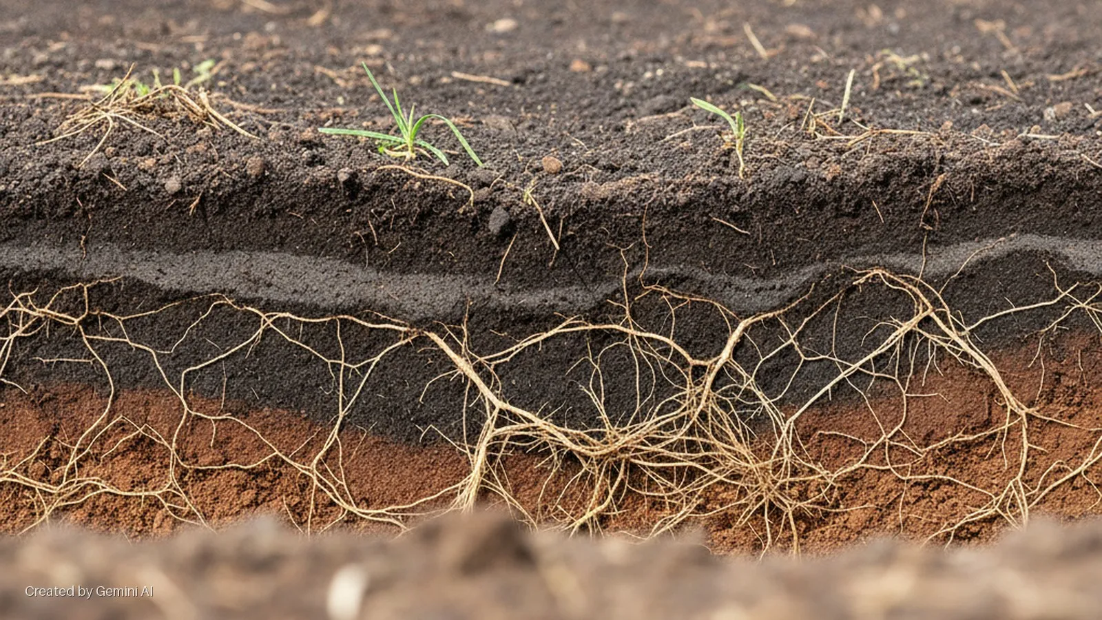 A close-up cross-section of soil reveals dark topsoil with small green sprouts, a distinct gray-black middle layer, and a reddish-brown lower layer, all densely threaded with pale yellow plant roots under even daylight.