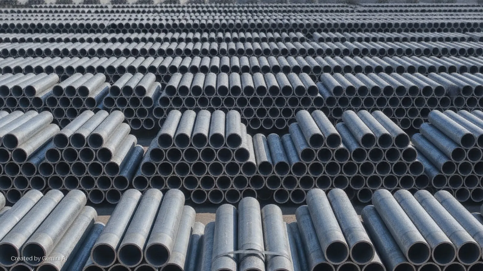 Rows of gray industrial pipes are stacked in layers across a large outdoor storage yard under bright daylight.