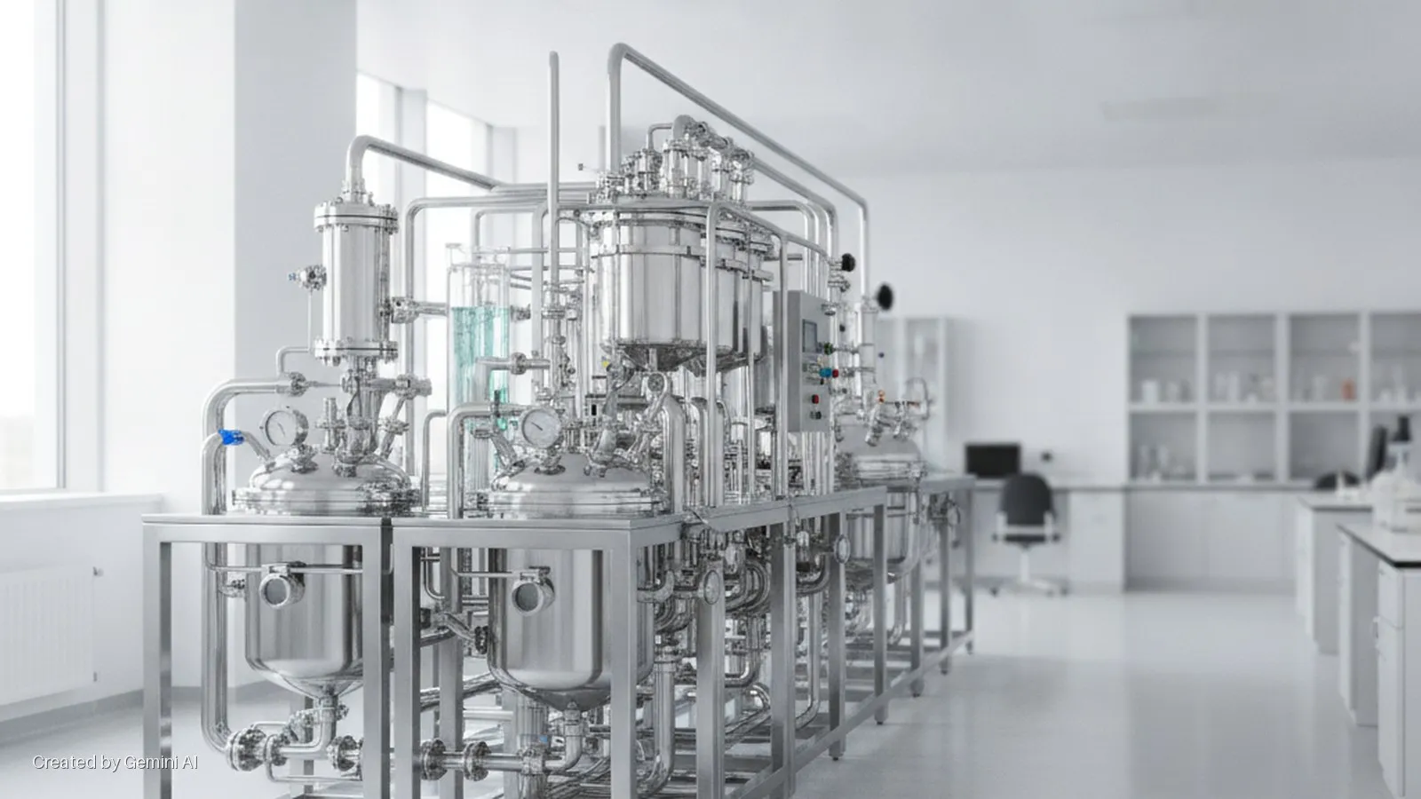 Brightly lit, complex stainless steel chemical or biopharmaceutical processing equipment featuring multiple tanks, pipes, gauges, and a control panel, situated in a clean, modern laboratory with windows and white shelving in the background.