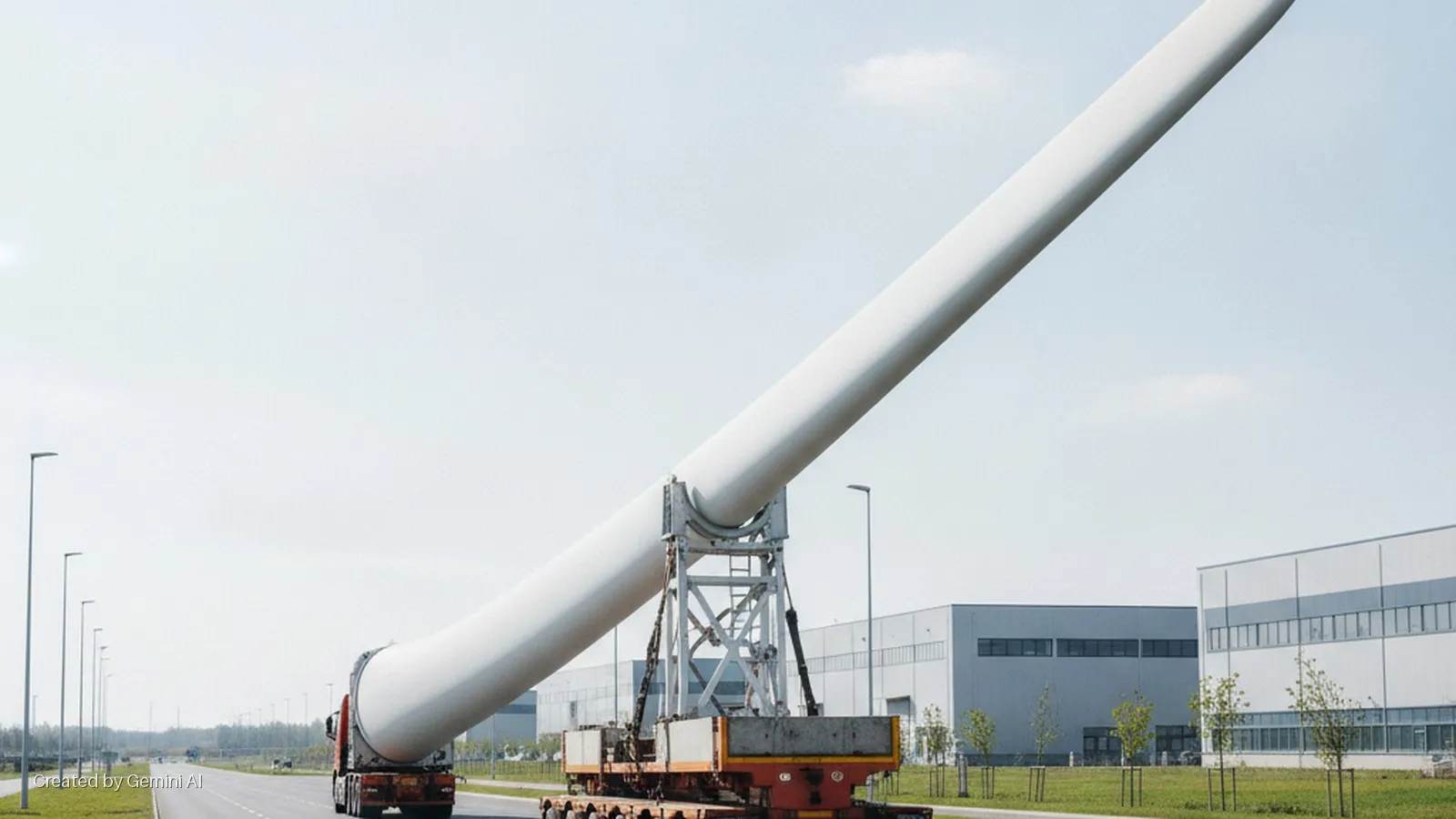A giant white wind turbine blade is transported on a specialized trailer and truck along a wide road, passing industrial buildings under a bright, clear sky.