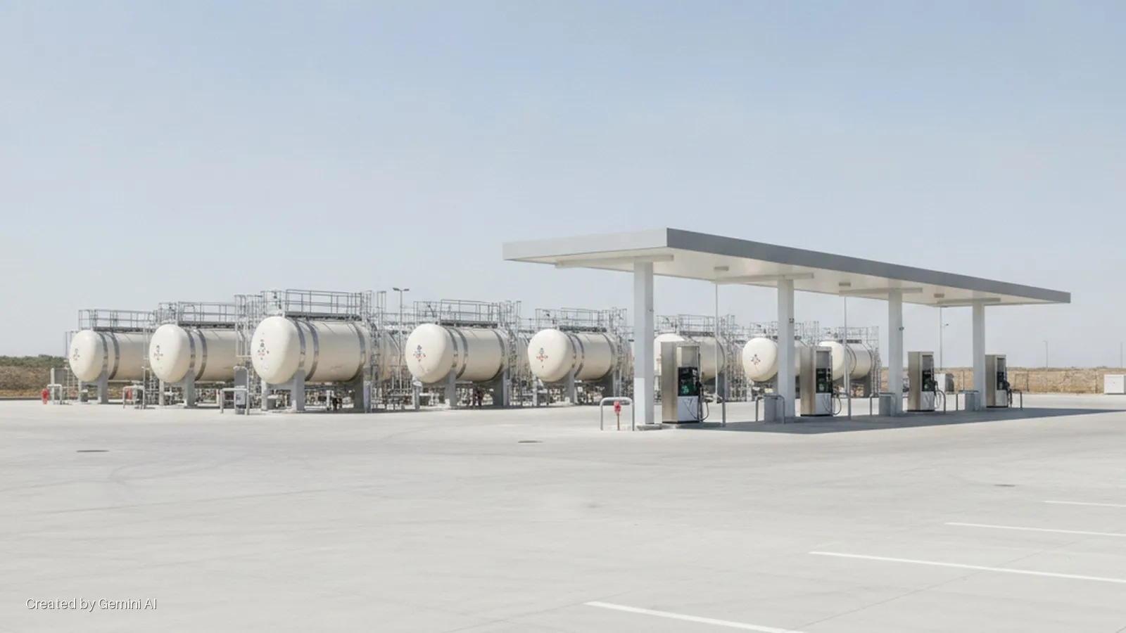 A bright daylight scene of a modern fuel station featuring a grey canopy over multiple fuel pumps and several large, white horizontal storage tanks lined up on a concrete pavement, with a dry, sparse landscape in the background under a clea