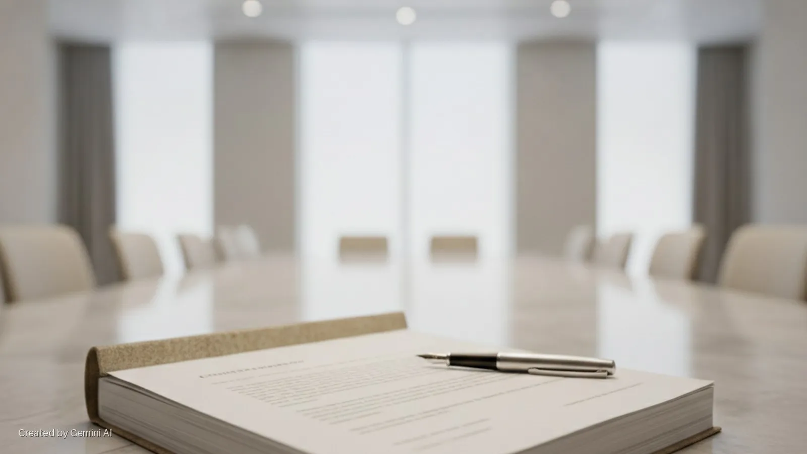 A silver pen rests on a thick book on a reflective conference table in a brightly lit modern meeting room with numerous chairs and large windows in the background.