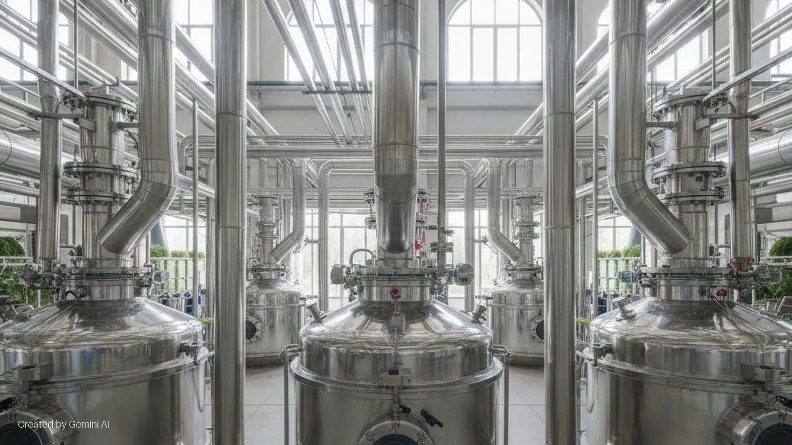 Interior of a modern industrial facility featuring multiple large, gleaming stainless steel distillation stills and an intricate network of pipes, brightly lit by natural light from large windows.